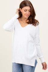 Ivory  Front Seam V-Neck Side Slit Sweater