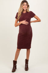 Brown Chenille Knit Short Sleeve Maternity Sweater Dress