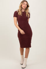 Brown Chenille Knit Short Sleeve Sweater Dress