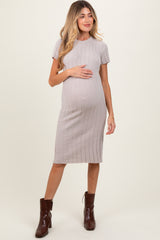 Beige Chenille Knit Short Sleeve Maternity Sweater Dress