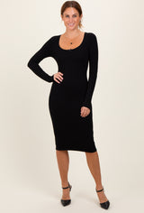 Black Bow Trim Neckline Long Sleeve Maternity Midi Dress