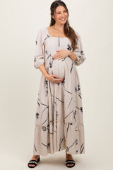 Cream Floral Square Neck Maternity Midi Dress