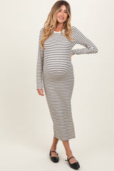 Cream Knit Striped Side Slit Maternity Midi Dress