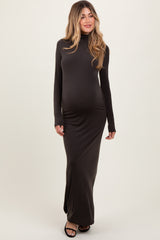 Brown Turtleneck Long Sleeve Fitted Maternity Maxi Dress