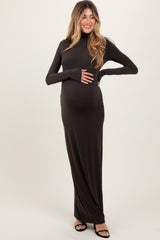 Brown Turtleneck Long Sleeve Fitted Maternity Maxi Dress