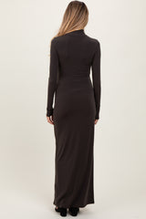 Brown Turtleneck Long Sleeve Fitted Maternity Maxi Dress