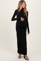 Black Turtleneck Long Sleeve Fitted Maternity Maxi Dress