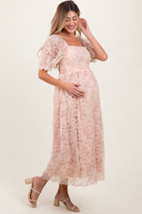 Light Pink Floral Mesh Overlay Tie Back Maternity Midi Dress