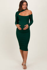 Forest Green Mock Neck Cutout Maternity Fitted Midi Dress