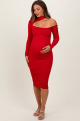 Red Mock Neck Cutout Maternity Fitted Midi Dress