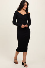 Black Ribbed Crossover Off Shoulder Midi Dress