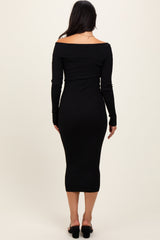 Black Ribbed Crossover Off Shoulder Midi Dress