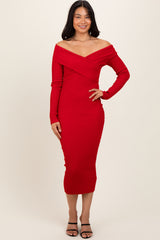 Red Ribbed Crossover Off Shoulder Midi Dress