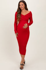 Red Ribbed Crossover Off Shoulder Maternity Midi Dress