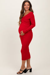 Red Ribbed Crossover Off Shoulder Maternity Midi Dress