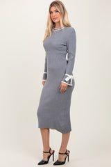 Grey Knit Bow Detail Sleeve Midi Sweater Dress