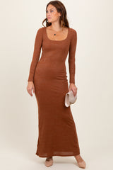 Mocha Basic Square Neck Long Sleeve Maternity Maxi Dress