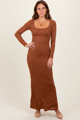 Mocha Basic Square Neck Long Sleeve Maxi Dress