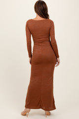 Mocha Basic Square Neck Long Sleeve Maxi Dress