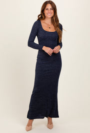 Navy Basic Square Neck Long Sleeve Maxi Dress