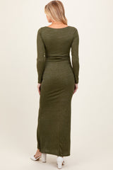 Olive Basic Square Neck Long Sleeve Maternity Maxi Dress