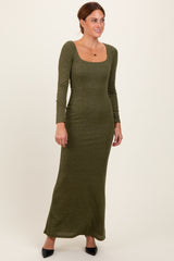 Olive Basic Square Neck Long Sleeve Maternity Maxi Dress