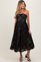 Black Floral Lace Embroidered Overlay Strapless Maternity Midi Dress