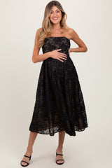 Black Floral Lace Embroidered Overlay Strapless Maternity Midi Dress