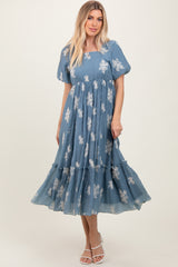 Blue Floral Print Ruffle Hem Maternity Midi Dress