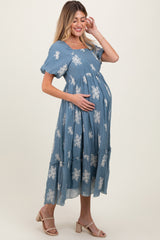 Blue Floral Print Ruffle Hem Maternity Midi Dress