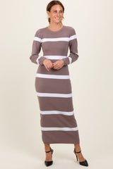 Mocha Striped Knit Long Sleeve Midi Sweater Dress