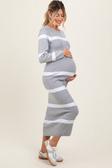 Heather Grey Striped Knit Long Sleeve Maternity Midi Sweater Dress