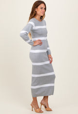 Heather Grey Striped Knit Long Sleeve Midi Sweater Dress