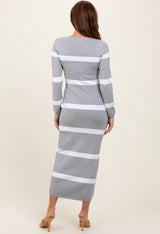 Heather Grey Striped Knit Long Sleeve Midi Sweater Dress