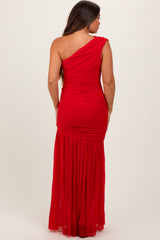 Red Ruched Mesh One Shoulder Maternity Maxi Dress