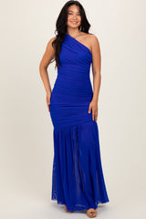 Royal Blue Ruched Mesh One Shoulder Maternity Maxi Dress