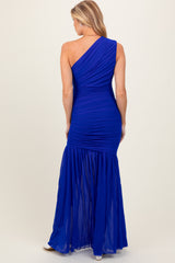 Royal Blue Ruched Mesh One Shoulder Maternity Maxi Dress