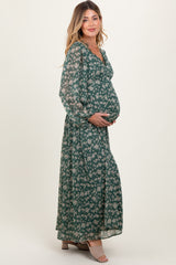 Green Floral Chiffon Lace Trim Back Tie Maternity Maxi Dress