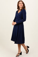 Navy Crossover V-Neckline Long Sleeve Nursing Dress