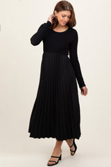 Black Knit Contrast Pleated Skirt Maternity Midi Dress