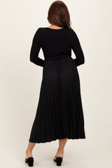 Black Knit Contrast Pleated Skirt Midi Dress