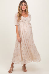 Cream Floral Chiffon Embroidered Ruffle Trim Maternity Maxi Dress