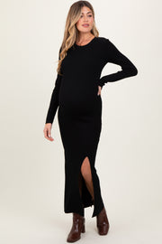 Black Ribbed Knit Long Sleeve Side Slit Maternity Maxi Dress