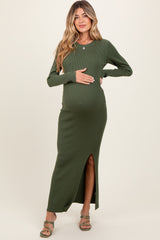 Olive Ribbed Knit Long Sleeve Side Slit Maternity Maxi Dress