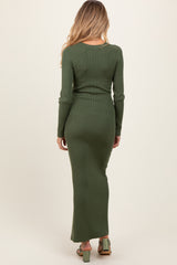 Olive Ribbed Knit Long Sleeve Side Slit Maternity Maxi Dress