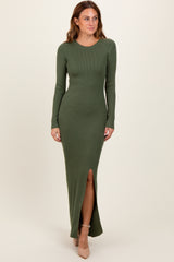 Olive Ribbed Knit Long Sleeve Side Slit Maternity Maxi Dress