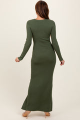 Olive Ribbed Knit Long Sleeve Side Slit Maxi Dress