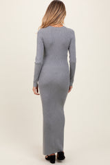 Heather Grey Ribbed Knit Long Sleeve Side Slit Maternity Maxi Dress