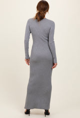 Heather Grey Ribbed Knit Long Sleeve Side Slit Maxi Dress