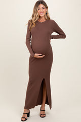 Mocha Ribbed Knit Long Sleeve Side Slit Maternity Maxi Dress